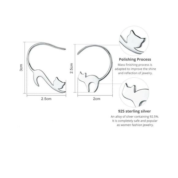 Asymmetrical sterling silver Cat Feline Drop Earrings 925 - Picture 3 of 4